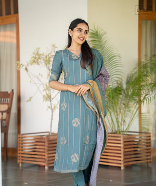 Celeste Jade Muslin Silk 3-Piece Festive Set with Zari