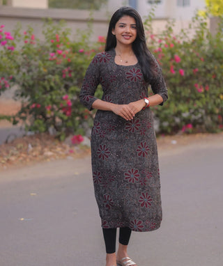 Charcoal Maroon Bloom Muslin Kurti for Women