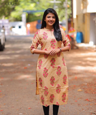 Rosewood Beige Cotton Kurti | 3/4 Sleeve Everyday Wear