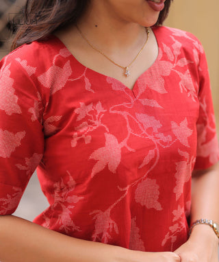 Coral Crimson Cotton Kurti with Elbow Sleeves