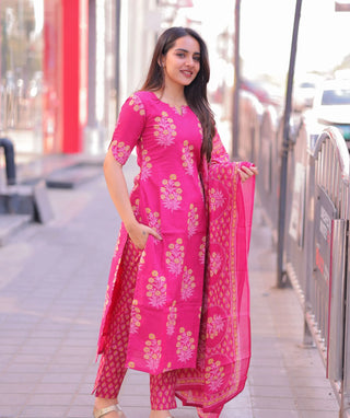 Fuchsia Bloom Cotton 3 Piece Set with Pockets for Women