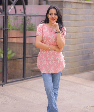 Baby Pink Floral Short Top in Handblock Cotton