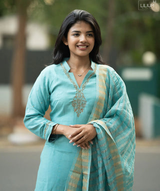 Aqua Celestial Pearl Muslin Silk 3 Piece Festive Set
