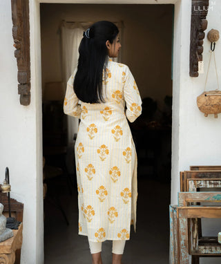 Halfwhite & Yellow Striped Floral Cotton Kurti – Casual Wear