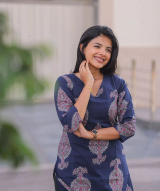 Indigo Rosewood Cotton Kurti with 3/4 Sleeves