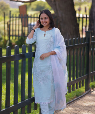 Frosted Mint Embroidered Cotton 3 Piece Festive Wear Set