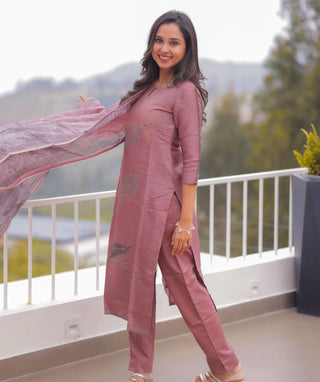 Vintage Rosewood Hand Embroidered Slub Muslin 3 Piece Set