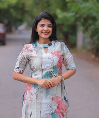 Misty Blue Blossom Textured Muslin Cotton Kurti