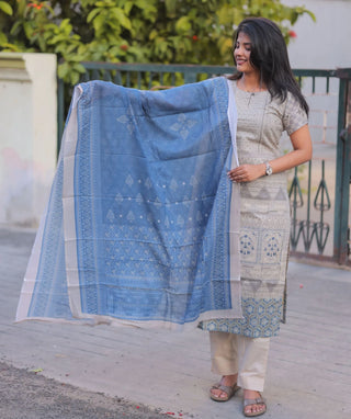 Cloud Indigo Cotton 3 Piece Set with Hand Embroidery