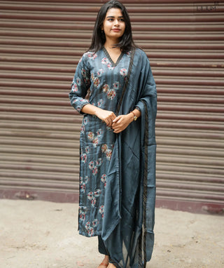 Moonlit Slate Floral Muslin 3-Piece Set with Hand Embroidery