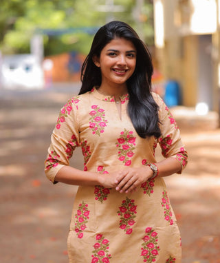 Rosewood Beige Cotton Kurti | 3/4 Sleeve Everyday Wear