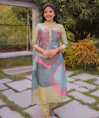 Elegant Lime Green Tissue Silk 3-Piece Set with Embroidery