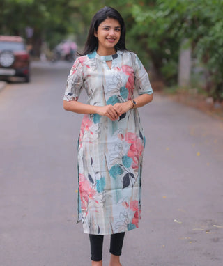 Misty Blue Blossom Textured Muslin Cotton Kurti