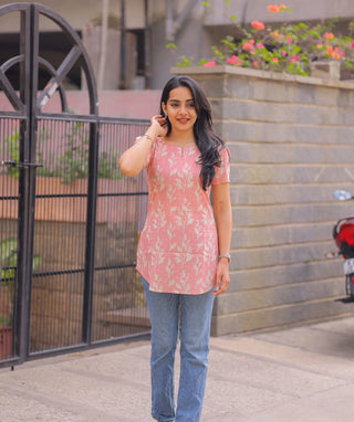 Baby Pink Floral Short Top in Handblock Cotton