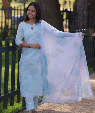 Frosted Mint Embroidered Cotton 3 Piece Festive Wear Set