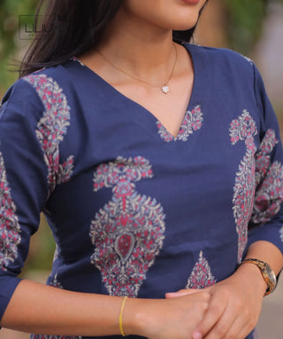 Indigo Rosewood Cotton Kurti with 3/4 Sleeves