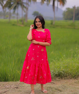 Rosé Pink Embroidered Blossom Maxi Dress in Mul Cotton