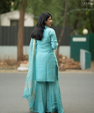 Aqua Celestial Pearl Muslin Silk 3 Piece Festive Set