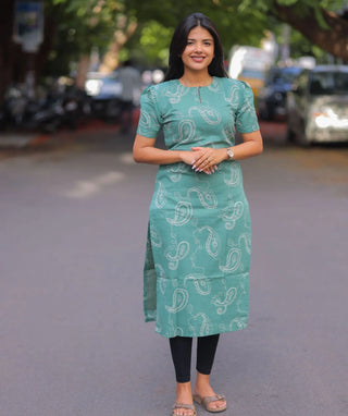 Seafoam Sage Cotton Kurti | Elbow Sleeve Everyday Style