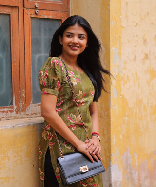 Olive Meadow Foil Cotton Kurti with Elbow Sleeves