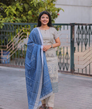 Cloud Indigo Cotton 3 Piece Set with Hand Embroidery