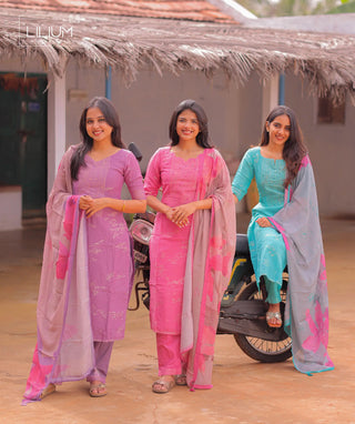 Regal Turquoise Linen Slub 3 Piece Set with Zari