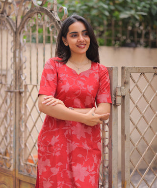 Coral Crimson Cotton Kurti with Elbow Sleeves
