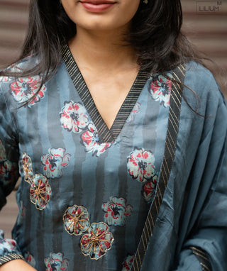 Moonlit Slate Floral Muslin 3-Piece Set with Hand Embroidery