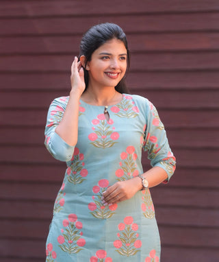 Aqua Blossom Cotton Kurti | Casual 3/4 Sleeve Everyday Wear