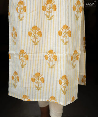 Halfwhite & Yellow Striped Floral Cotton Kurti – Casual Wear