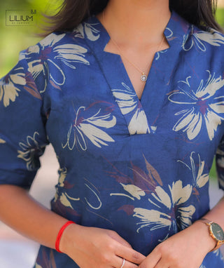 Moonlit Blue Muslin Kurti with Elbow Sleeves for Daily Wear