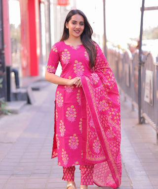 Fuchsia Bloom Cotton 3 Piece Set with Pockets for Women
