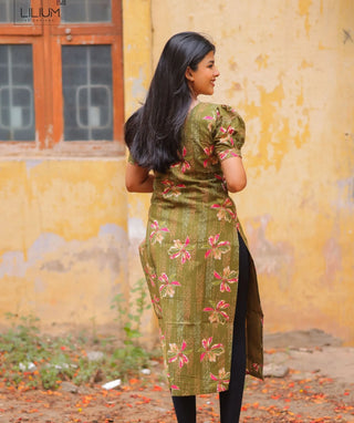 Olive Meadow Foil Cotton Kurti with Elbow Sleeves