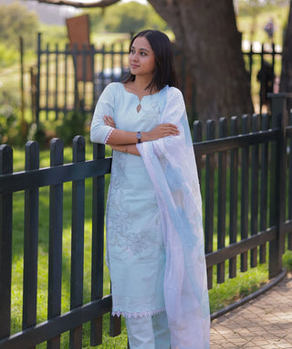 Frosted Mint Embroidered Cotton 3 Piece Festive Wear Set