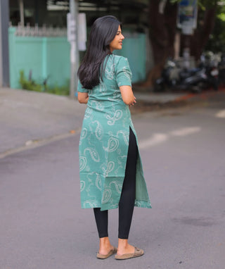 Seafoam Sage Cotton Kurti | Elbow Sleeve Everyday Style