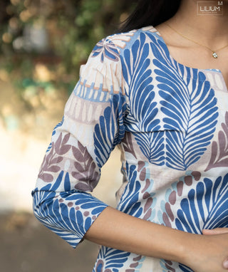 Indigo Fern Mist Cotton Kurti with 3/4 Sleeves – Lined