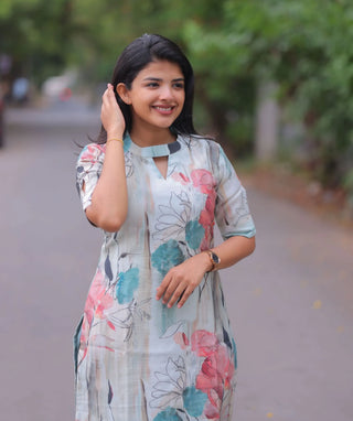 Misty Blue Blossom Textured Muslin Cotton Kurti