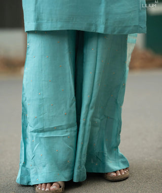 Aqua Celestial Pearl Muslin Silk 3 Piece Festive Set