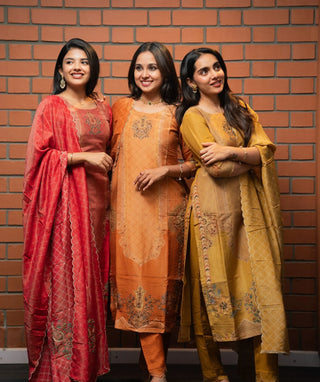 Peach Amber Glow Hand Embroidered Muslin 3 Piece Set