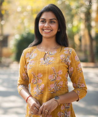 Golden Marigold Cotton Kurti with 3/4 Sleeves – Casual