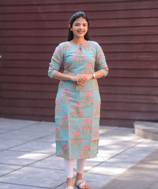 Aqua Blossom Cotton Kurti | Casual 3/4 Sleeve Everyday Wear