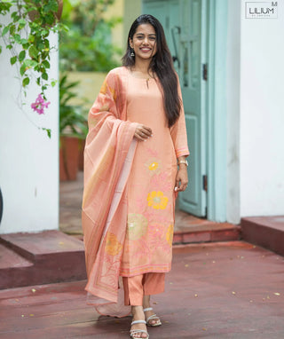 Blush Peach Muslin 3-Piece Set with Embroidery