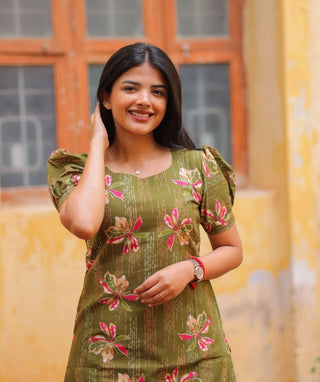 Olive Meadow Foil Cotton Kurti with Elbow Sleeves