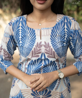 Indigo Fern Mist Cotton Kurti with 3/4 Sleeves – Lined