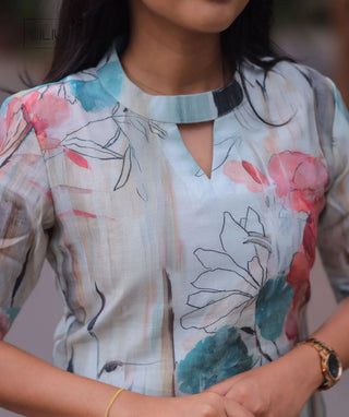 Misty Blue Blossom Textured Muslin Cotton Kurti