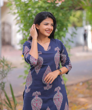Indigo Rosewood Cotton Kurti with 3/4 Sleeves