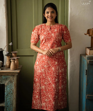 Crimson Wildflower Cotton Kurti with Elbow Sleeves