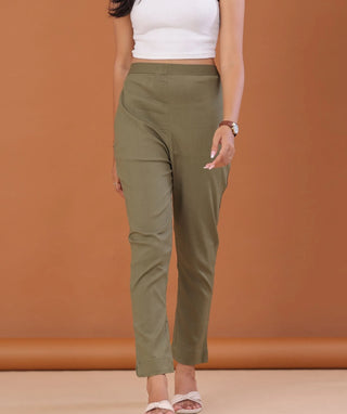 Olive Mist Cotton Lycra Ready-to-Wear Bottom with Pockets