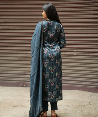 Moonlit Slate Floral Muslin 3-Piece Set with Hand Embroidery