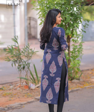 Indigo Rosewood Cotton Kurti with 3/4 Sleeves